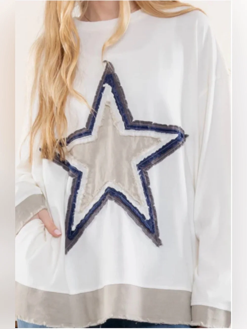 Blue Velvet Distressed Star Patch Long Sleeve Tee, Natural, Size L/XL - Picture 3 of 4